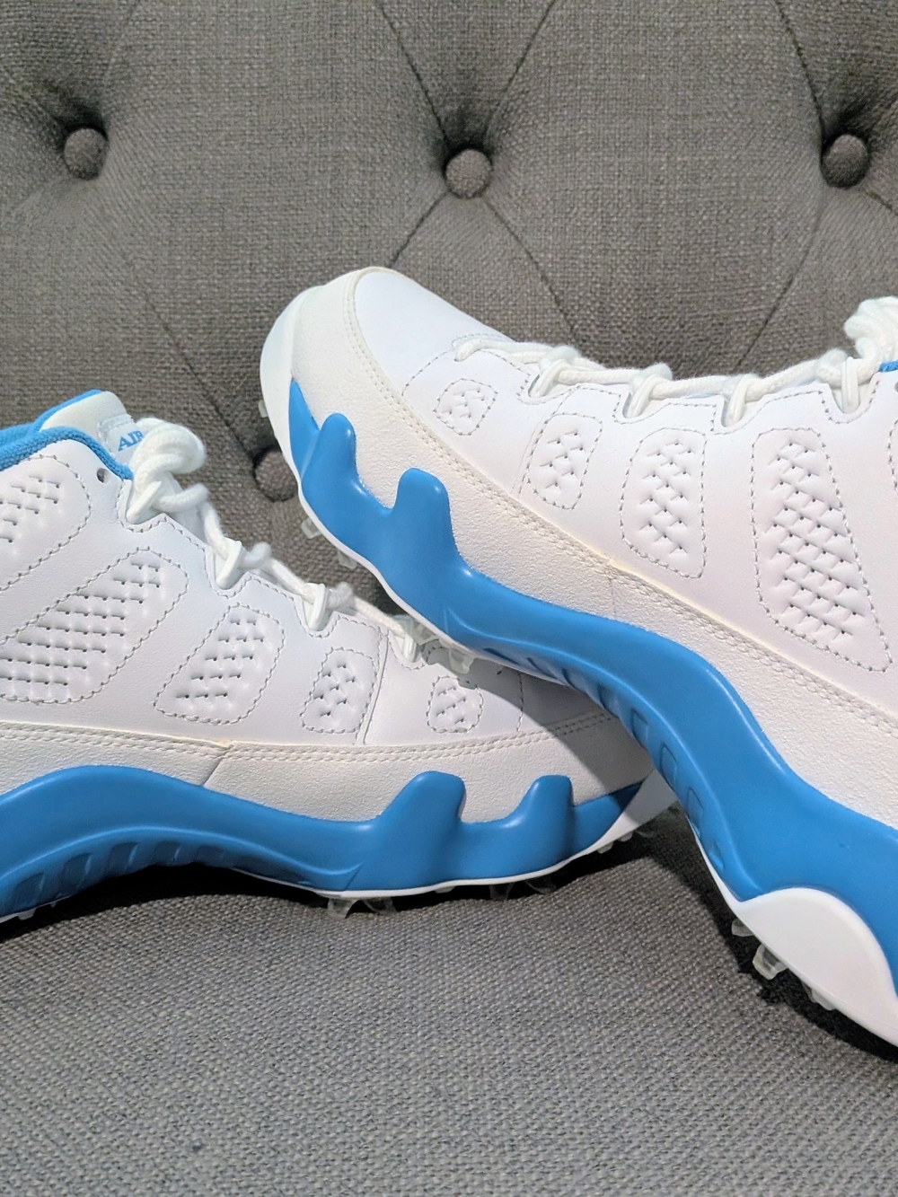 Nike Air Jordan 9 Low Retro UNC Golf - White and Light Blue Athletic Shoes